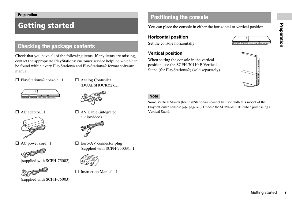 Preparation, Getting started, Checking the package contents | Positioning the console | Sony SCPH-75002 User Manual | Page 7 / 56