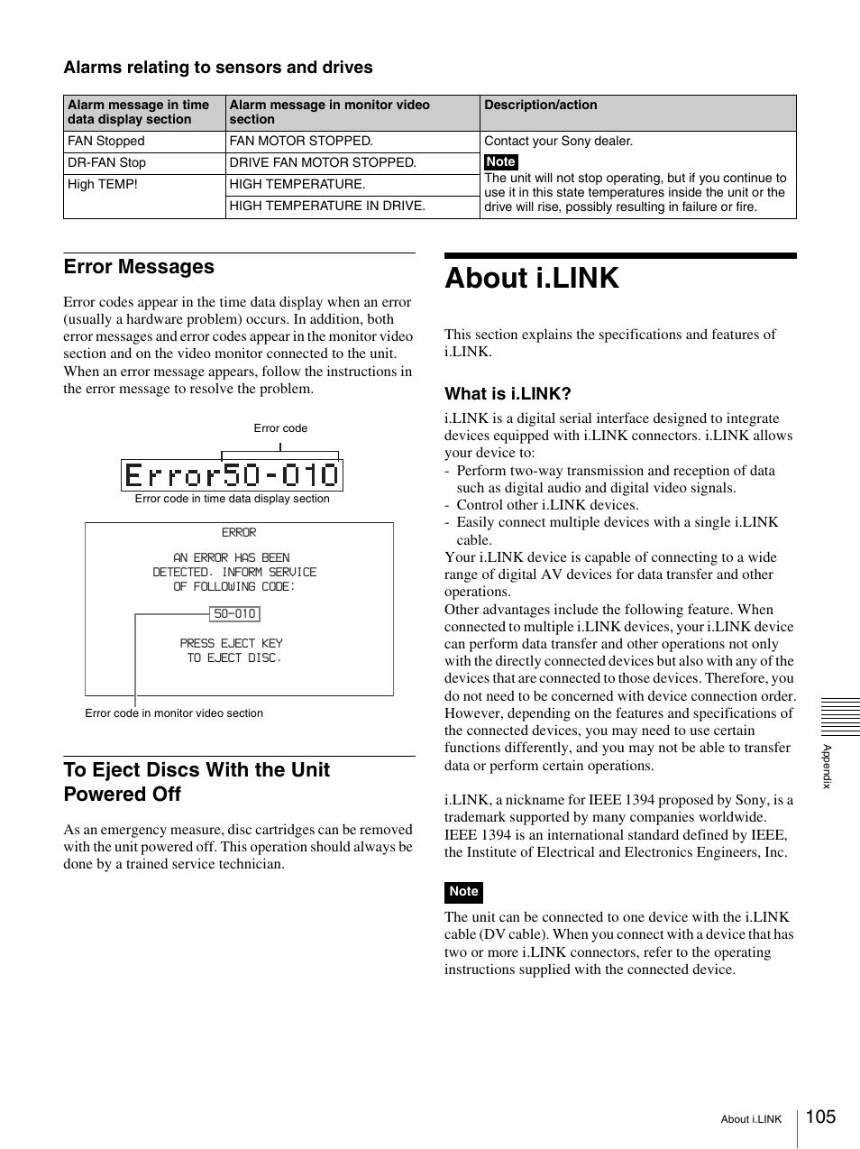 Error messages, To eject discs with the unit powered off, About i.link | Alarms relating to sensors and drives, What is i.link | Sony PDW-F30 User Manual | Page 105 / 115