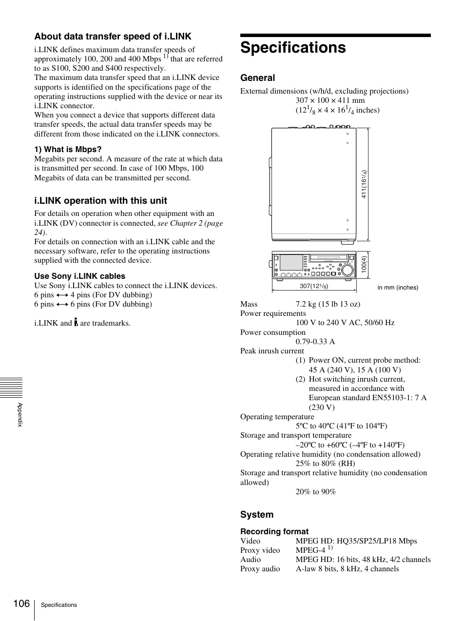 Specifications, About data transfer speed of i.link, I.link operation with this unit | General, System | Sony PDW-F30 User Manual | Page 106 / 115