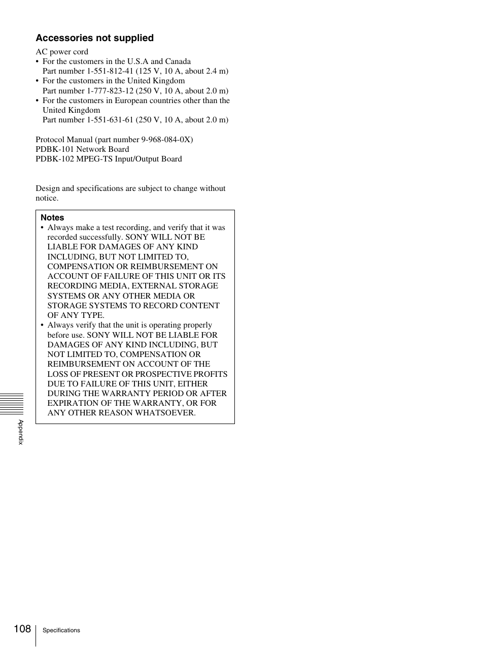 Accessories not supplied | Sony PDW-F30 User Manual | Page 108 / 115