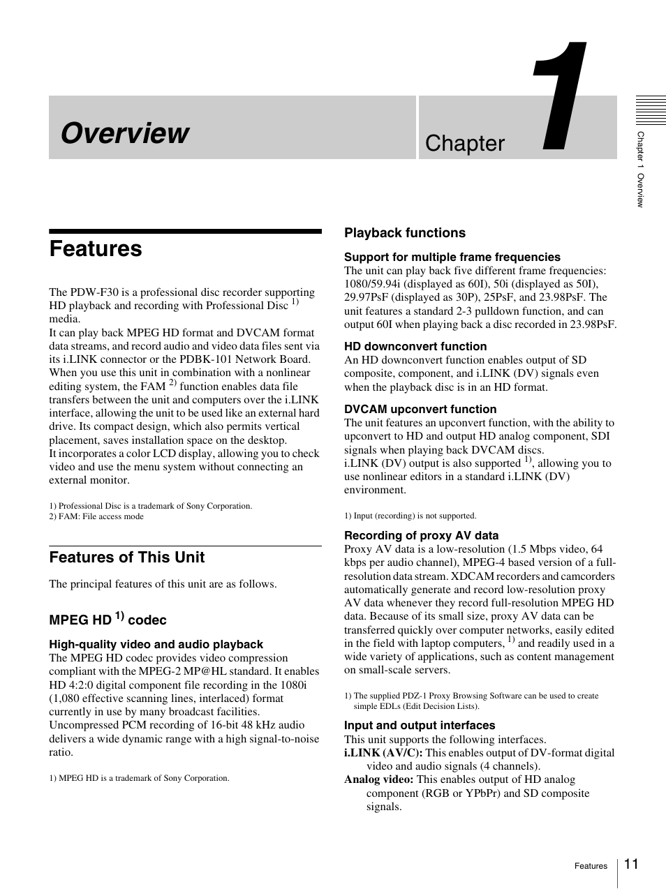 Chapter 1 overview, Features, Features of this unit | Overview, Chapter | Sony PDW-F30 User Manual | Page 11 / 115