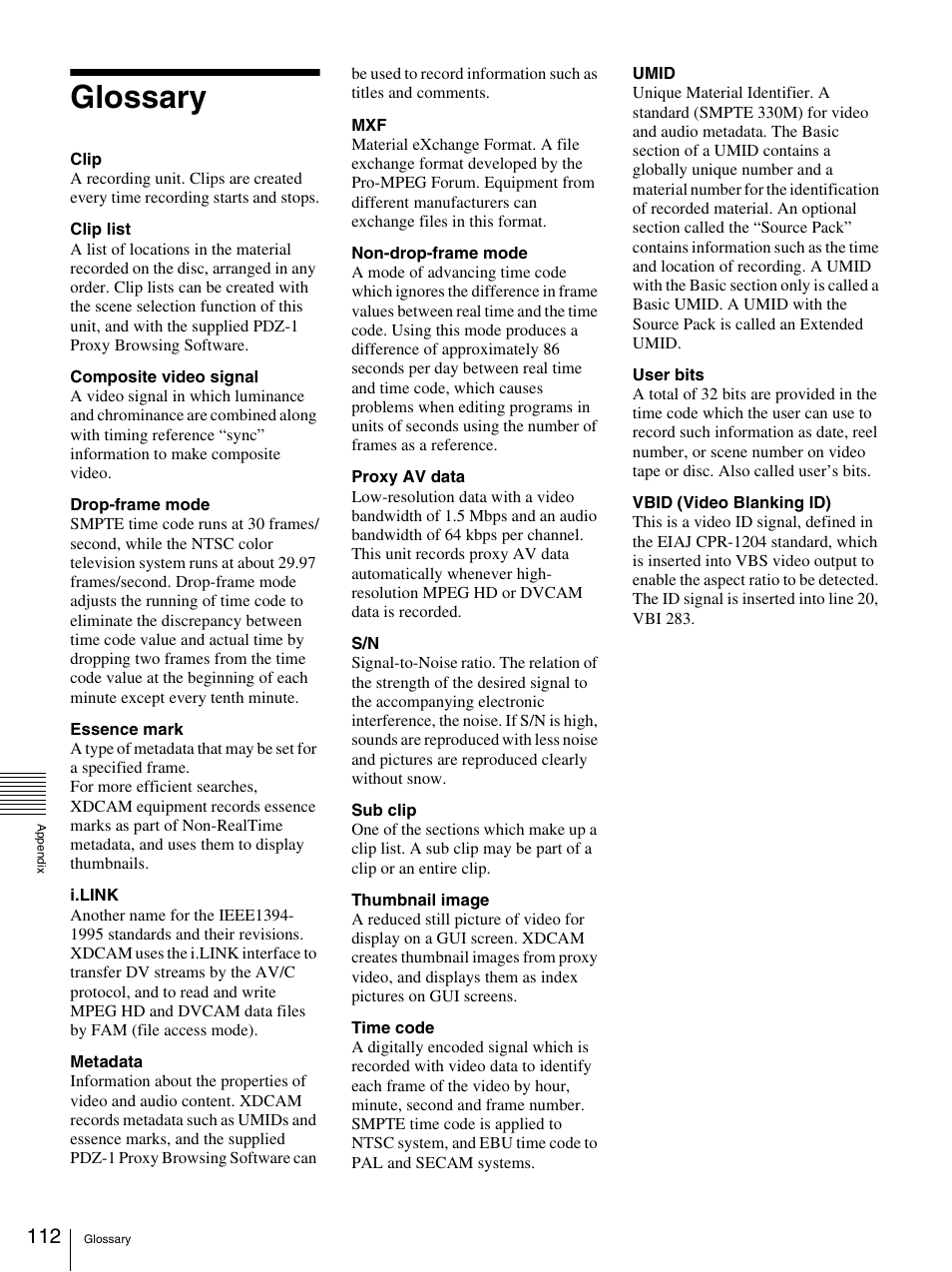 Glossary | Sony PDW-F30 User Manual | Page 112 / 115