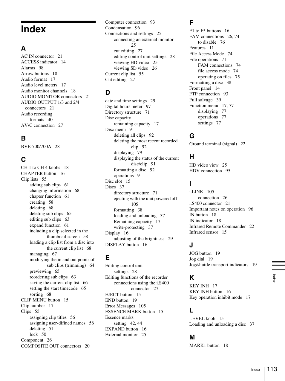 Index | Sony PDW-F30 User Manual | Page 113 / 115