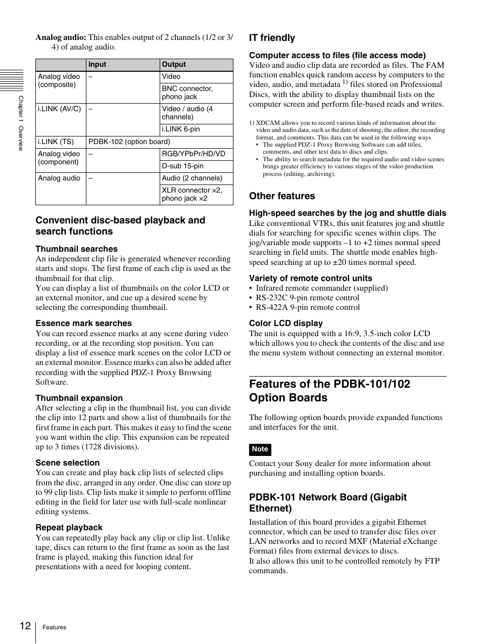 Features of the pdbk-101/102 option boards, It friendly, Other features | Pdbk-101 network board (gigabit ethernet) | Sony PDW-F30 User Manual | Page 12 / 115