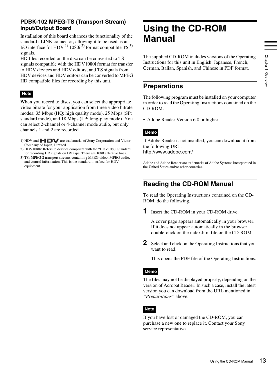 Using the cd-rom manual, Preparations, Reading the cd-rom manual | Preparations reading the cd-rom manual | Sony PDW-F30 User Manual | Page 13 / 115