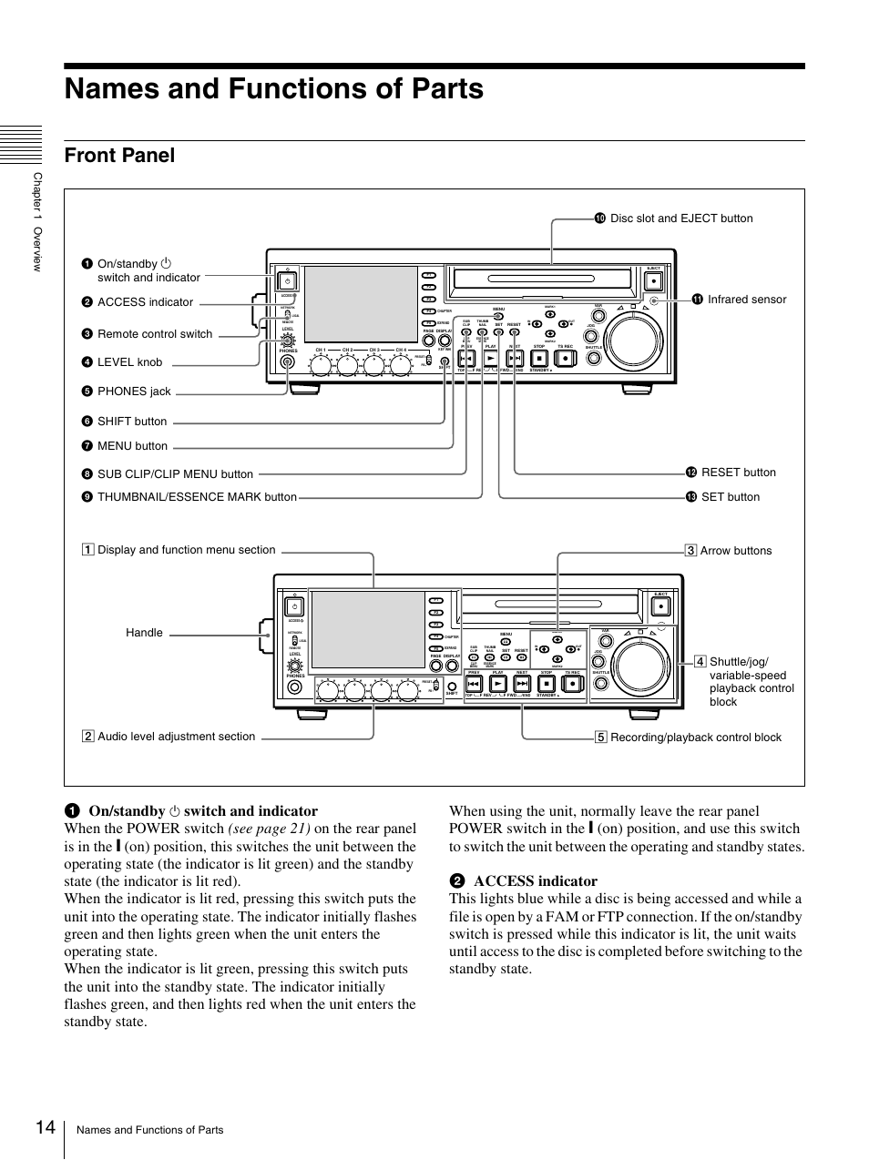 Names and functions of parts, Front panel, A on/standby | Sony PDW-F30 User Manual | Page 14 / 115