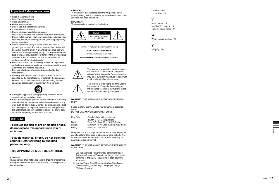 Important safety instructions warning | Sony PDW-F30 User Manual | Page 2 / 115