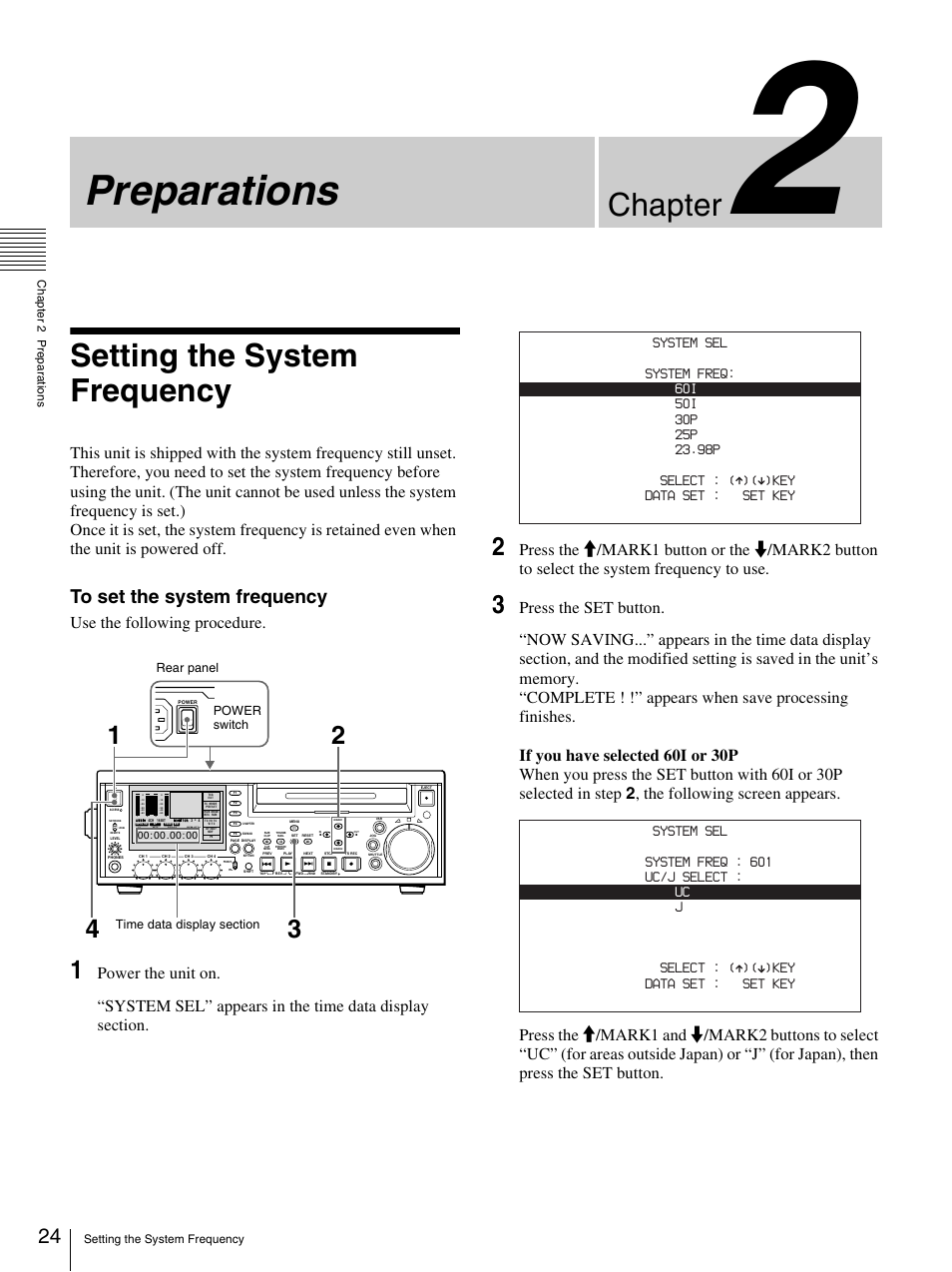 Chapter 2 preparations, Setting the system frequency, Preparations | Chapter, Use the following procedure | Sony PDW-F30 User Manual | Page 24 / 115