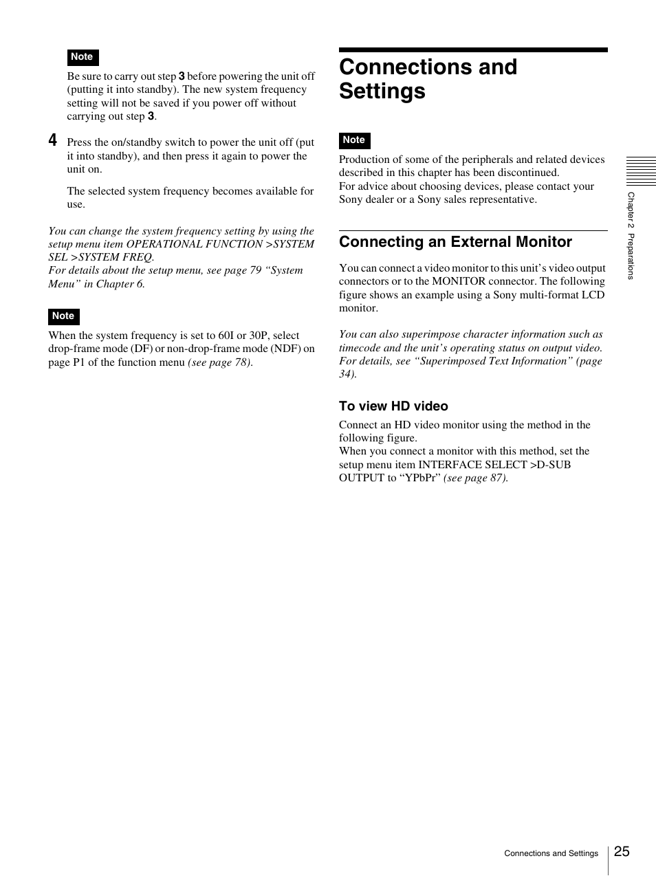 Connections and settings, Connecting an external monitor | Sony PDW-F30 User Manual | Page 25 / 115