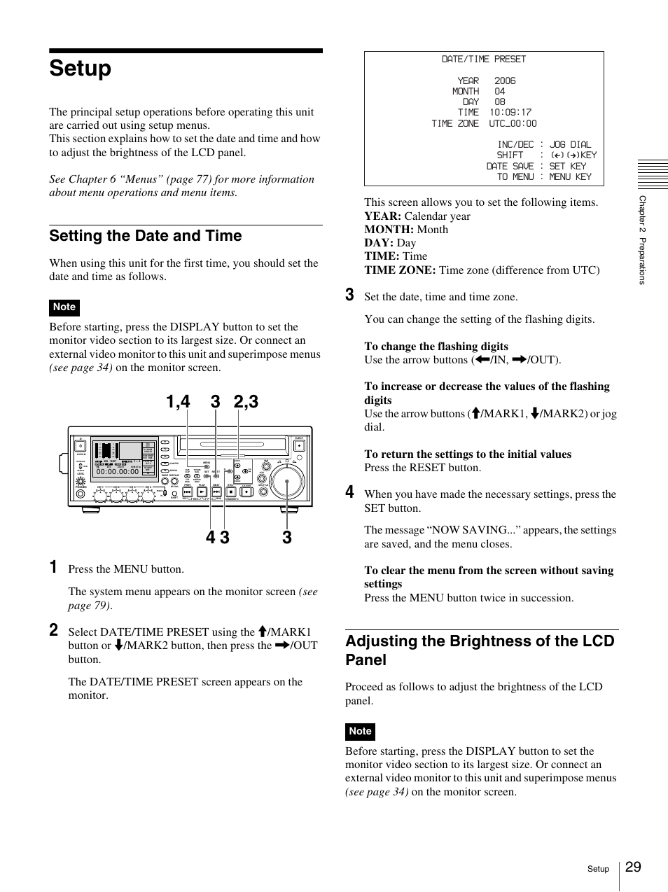 Setup, Setting the date and time, Adjusting the brightness of the lcd panel | Sony PDW-F30 User Manual | Page 29 / 115