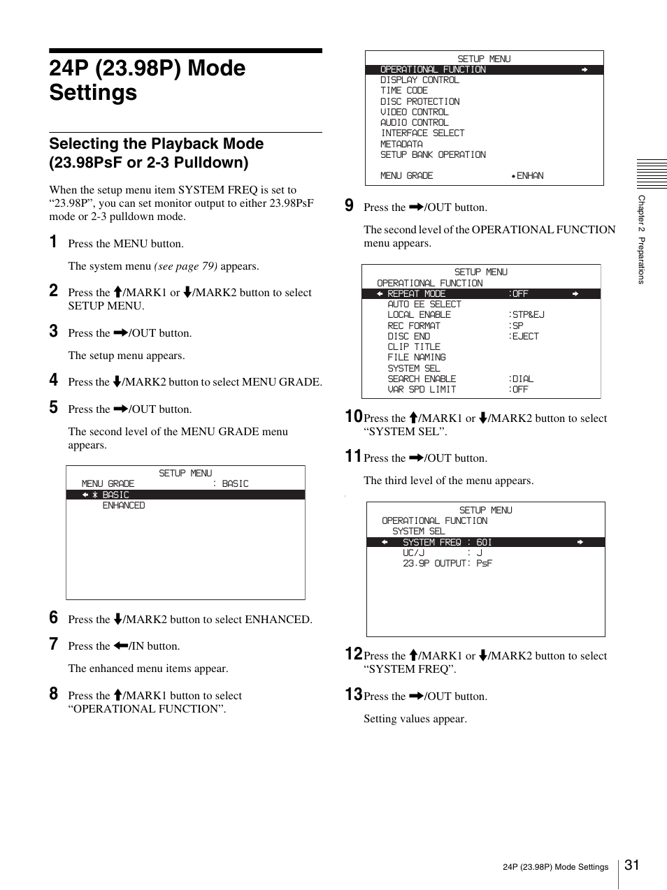 24p (23.98p) mode settings | Sony PDW-F30 User Manual | Page 31 / 115