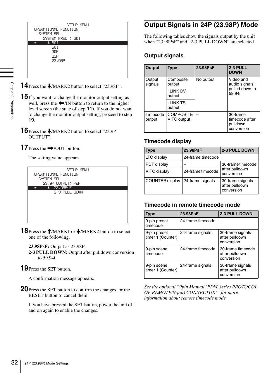 Output signals in 24p (23.98p) mode | Sony PDW-F30 User Manual | Page 32 / 115