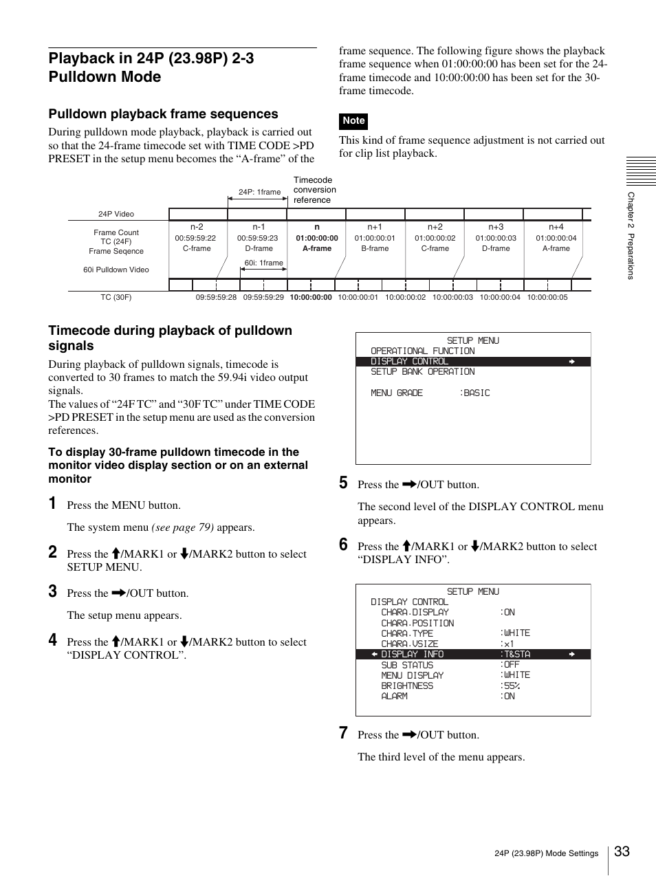 Playback in 24p (23.98p) 2-3 pulldown mode, Pulldown playback frame sequences, Timecode during playback of pulldown signals | Sony PDW-F30 User Manual | Page 33 / 115