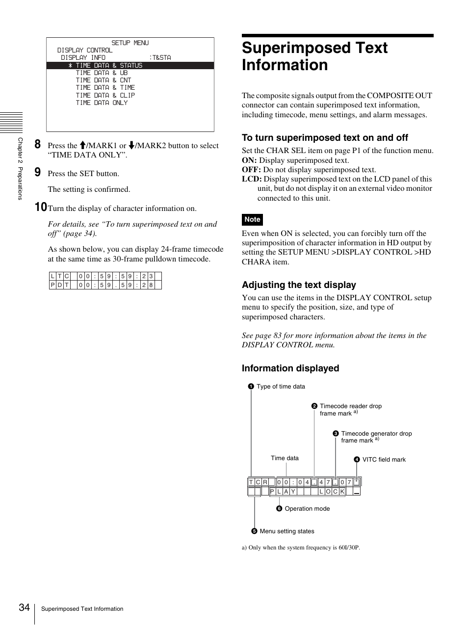 Superimposed text information, Adjusting the text display, Information displayed | Sony PDW-F30 User Manual | Page 34 / 115