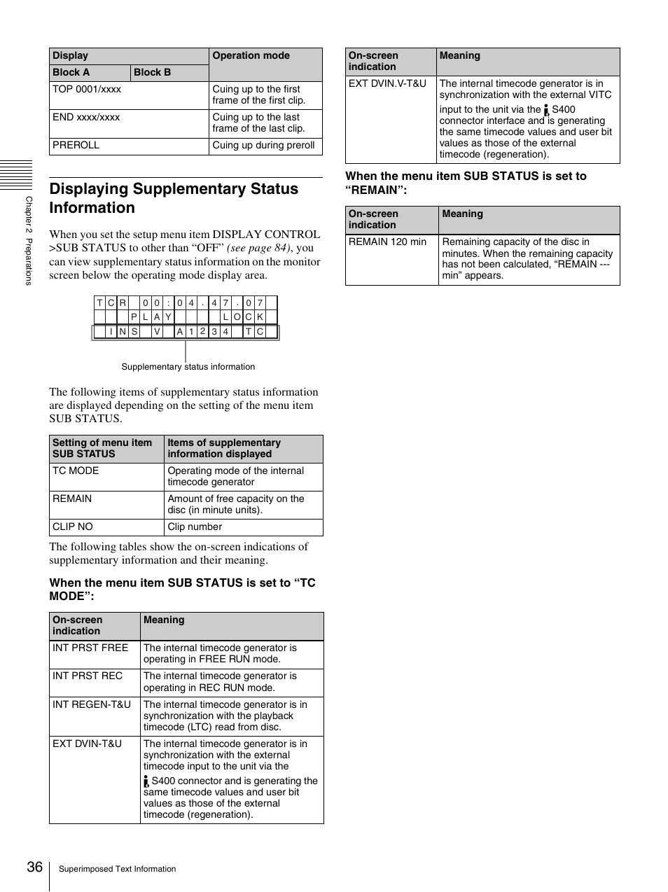 Displaying supplementary status information | Sony PDW-F30 User Manual | Page 36 / 115