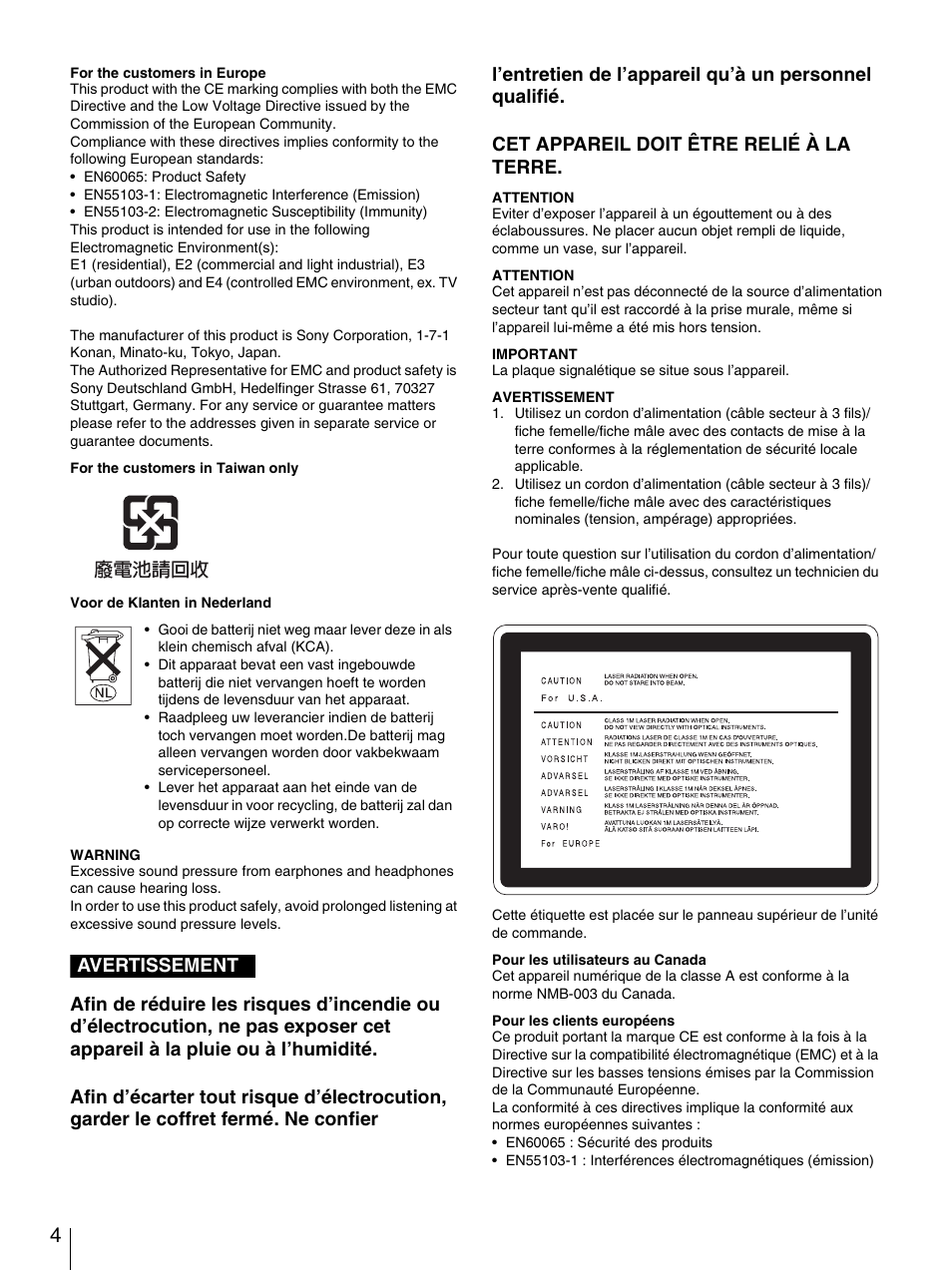 Avertissement | Sony PDW-F30 User Manual | Page 4 / 115