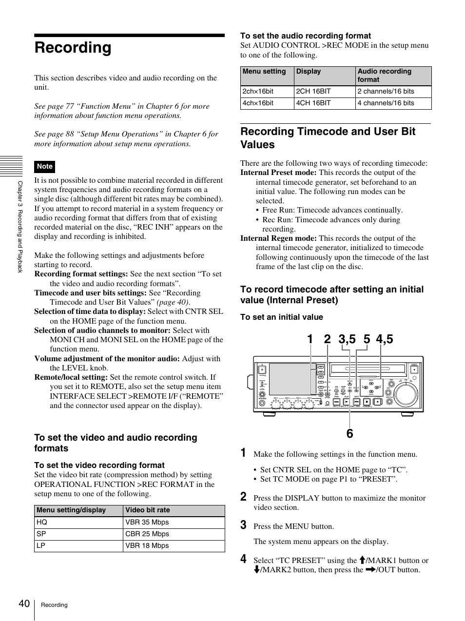 Recording, Recording timecode and user bit values | Sony PDW-F30 User Manual | Page 40 / 115
