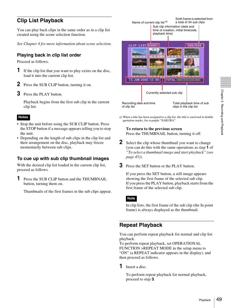 Clip list playback, Repeat playback, Clip list playback repeat playback | Sony PDW-F30 User Manual | Page 49 / 115