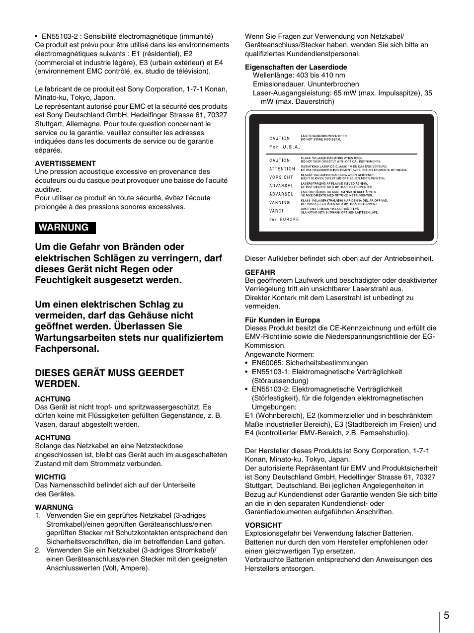 Warnung | Sony PDW-F30 User Manual | Page 5 / 115