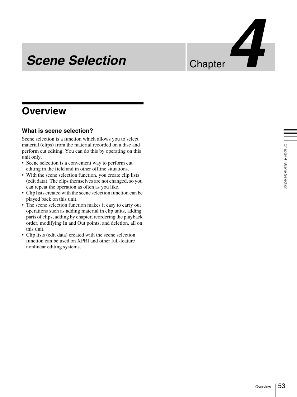 Chapter 4 scene selection, Overview, Scene selection | Chapter | Sony PDW-F30 User Manual | Page 53 / 115