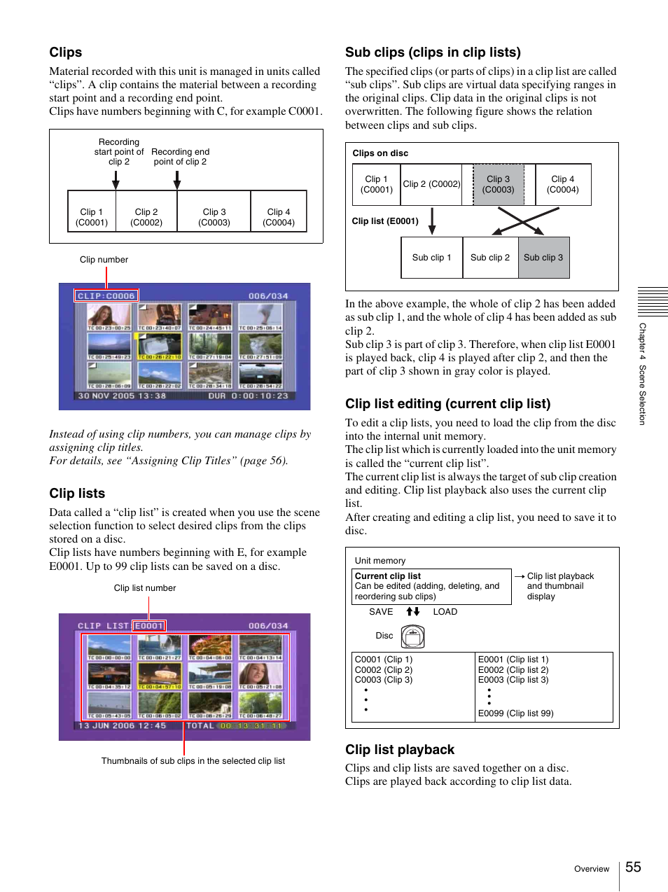 Clips, Clip lists, Sub clips (clips in clip lists) | Clip list editing (current clip list), Clip list playback | Sony PDW-F30 User Manual | Page 55 / 115