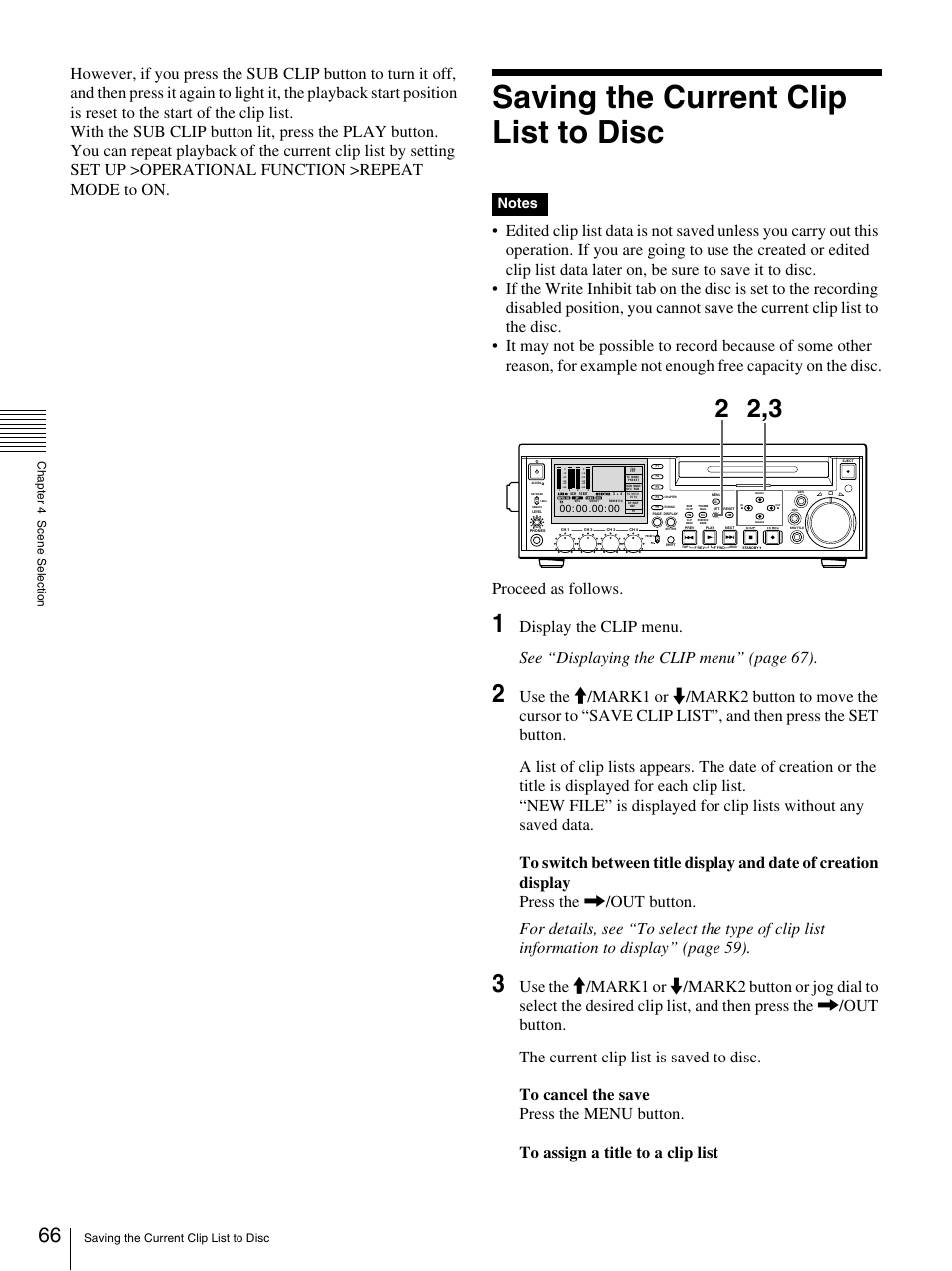 Saving the current clip list to disc | Sony PDW-F30 User Manual | Page 66 / 115