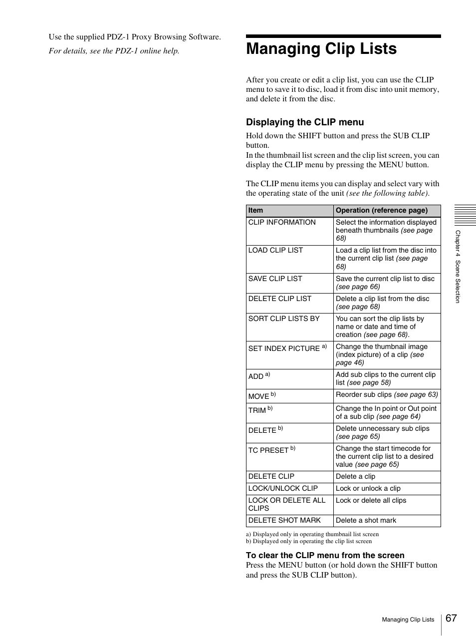 Managing clip lists, Displaying the clip menu | Sony PDW-F30 User Manual | Page 67 / 115