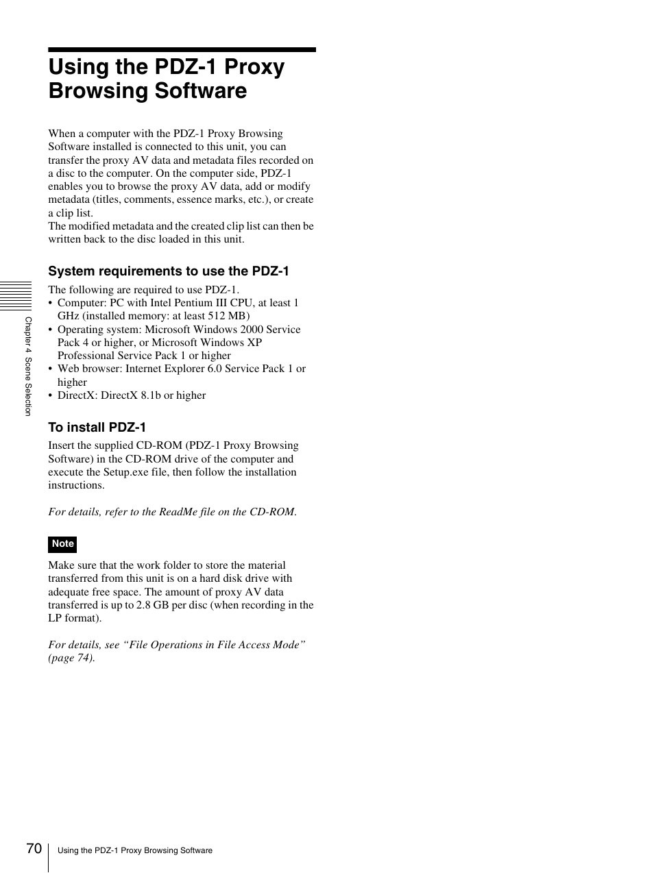 Using the pdz-1 proxy browsing software, System requirements to use the pdz-1 | Sony PDW-F30 User Manual | Page 70 / 115