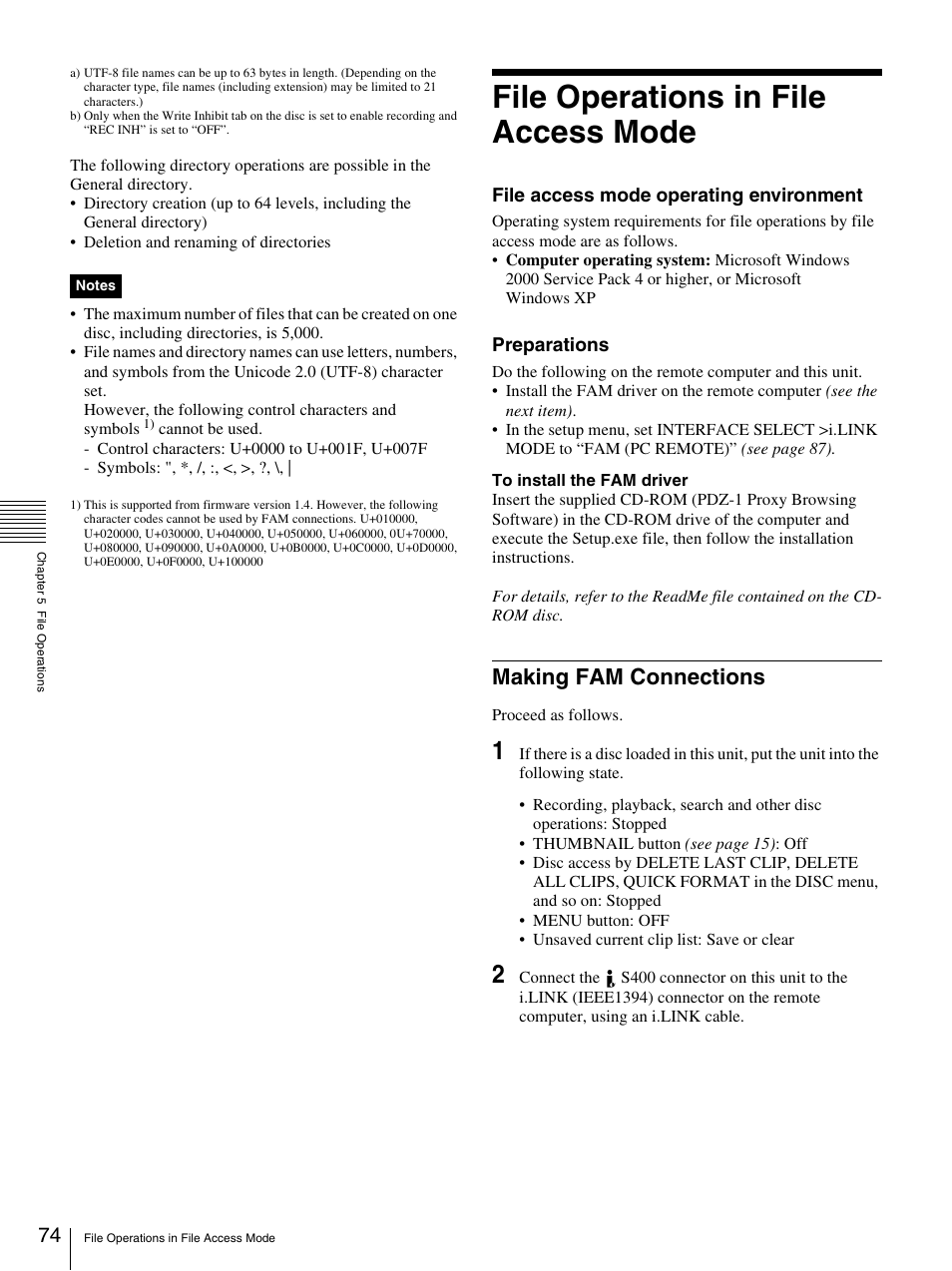 File operations in file access mode, Making fam connections, See “file operations in file access mode | Sony PDW-F30 User Manual | Page 74 / 115