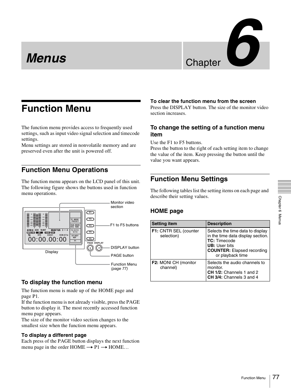 Chapter 6 menus, Function menu, Function menu operations | Function menu settings, Function menu operations function menu settings, Menus, Chapter, Home page | Sony PDW-F30 User Manual | Page 77 / 115