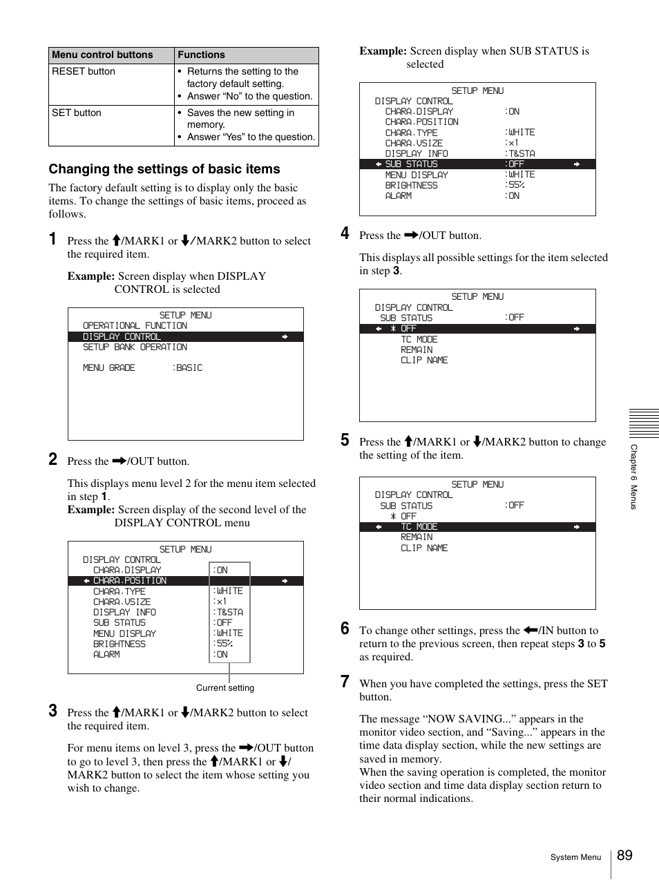 Changing the settings of basic items | Sony PDW-F30 User Manual | Page 89 / 115