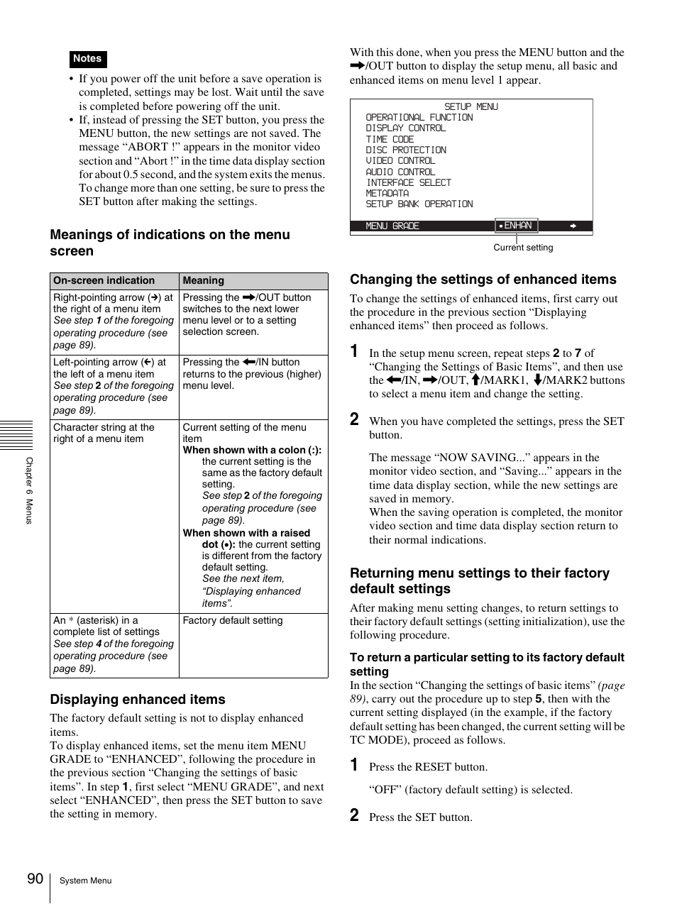 Changing the settings of enhanced items | Sony PDW-F30 User Manual | Page 90 / 115