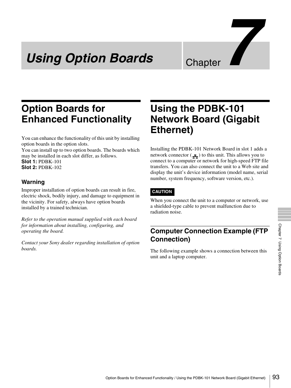 Chapter 7 using option boards, Option boards for enhanced functionality, Computer connection example (ftp connection) | Using option boards, Chapter | Sony PDW-F30 User Manual | Page 93 / 115