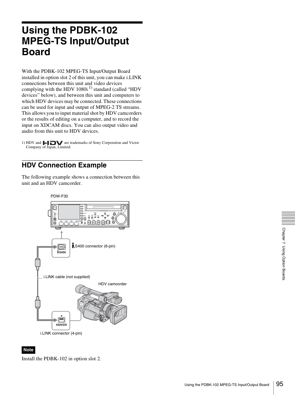 Using the pdbk-102 mpeg-ts input/output board, Hdv connection example, Mark1 | Out in mark2, Network local remote, Preset pb | Sony PDW-F30 User Manual | Page 95 / 115