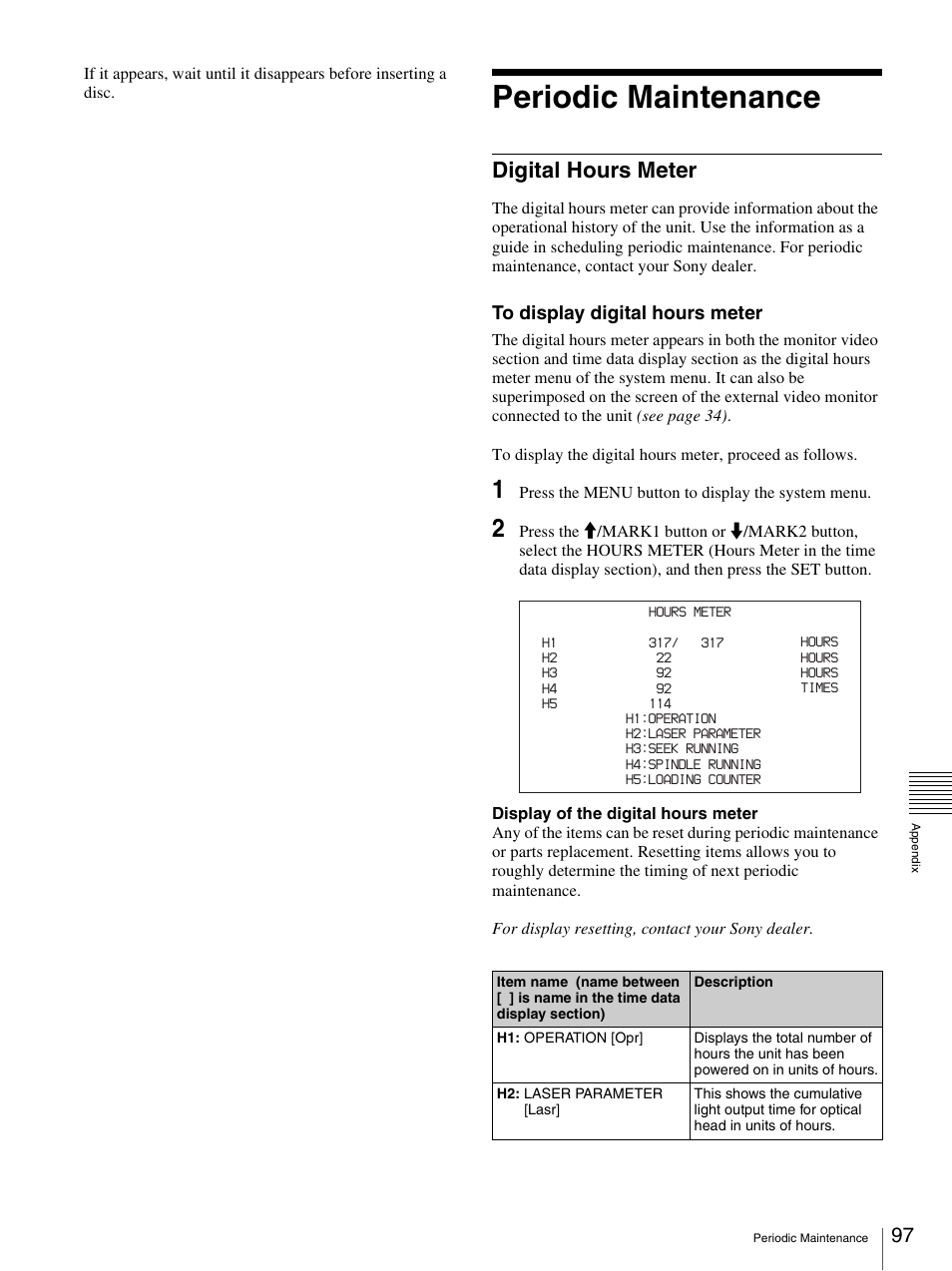 Periodic maintenance, Digital hours meter | Sony PDW-F30 User Manual | Page 97 / 115
