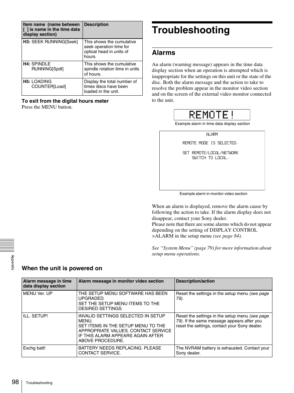 Troubleshooting, Alarms, When the unit is powered on | Sony PDW-F30 User Manual | Page 98 / 115