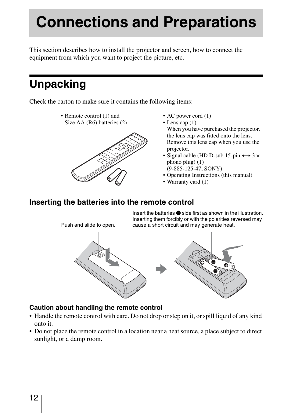 Connections and preparations, Unpacking | Sony VPL-BW5 User Manual | Page 12 / 64