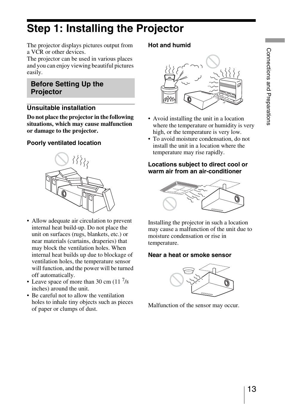 Step 1: installing the projector, Before setting up the projector, Before setting up the projector . 13 | Sony VPL-BW5 User Manual | Page 13 / 64