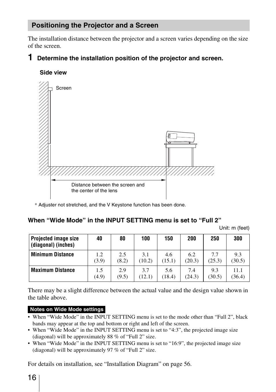 Positioning the projector and a screen, Positioning the projector and a, Screen | Sony VPL-BW5 User Manual | Page 16 / 64