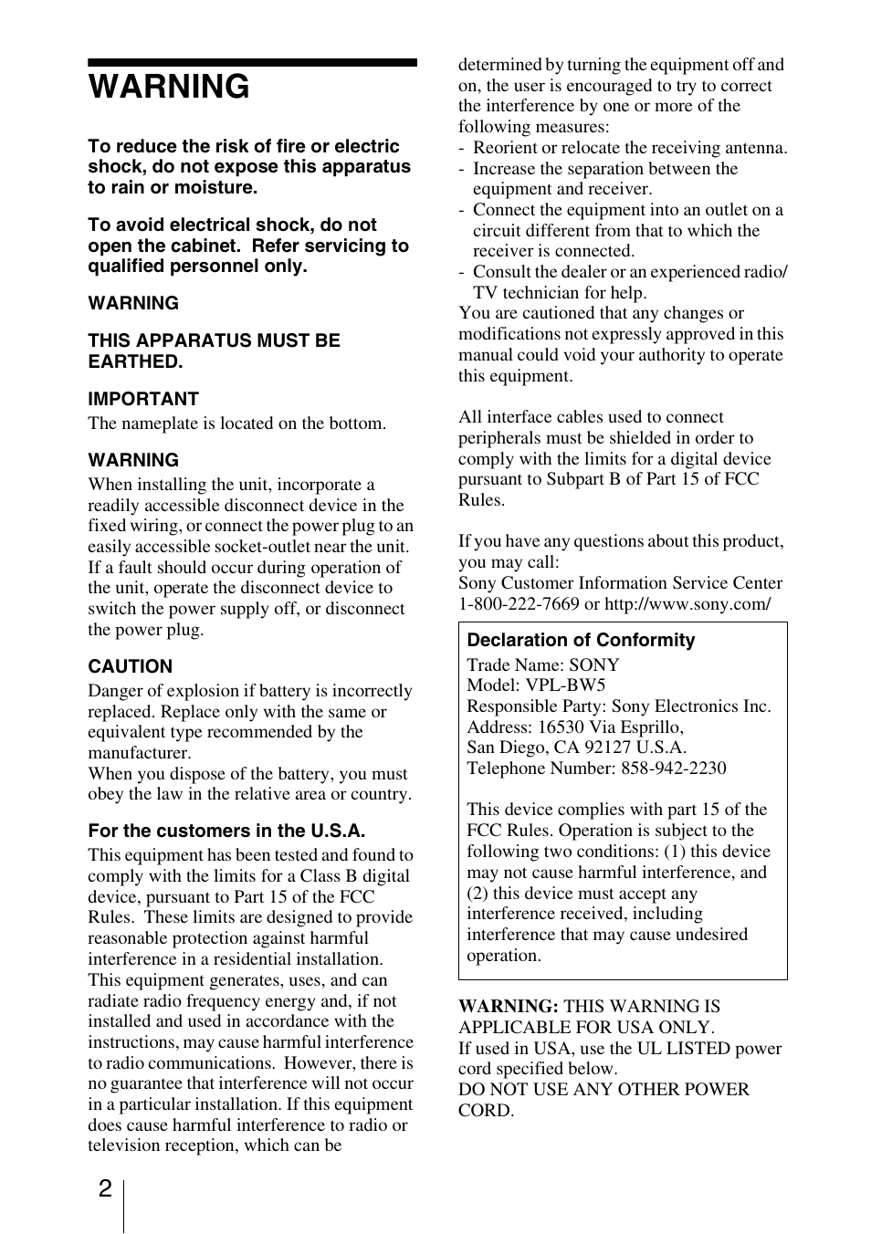 Warning | Sony VPL-BW5 User Manual | Page 2 / 64