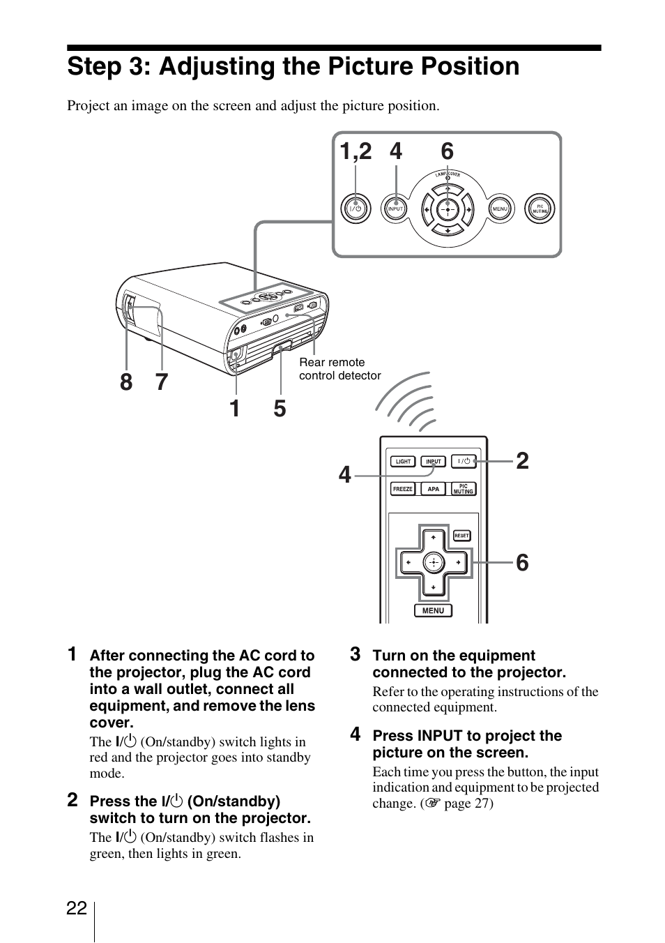 Step 3: adjusting the picture position, Step 3: adjusting the picture, Position | Sony VPL-BW5 User Manual | Page 22 / 64