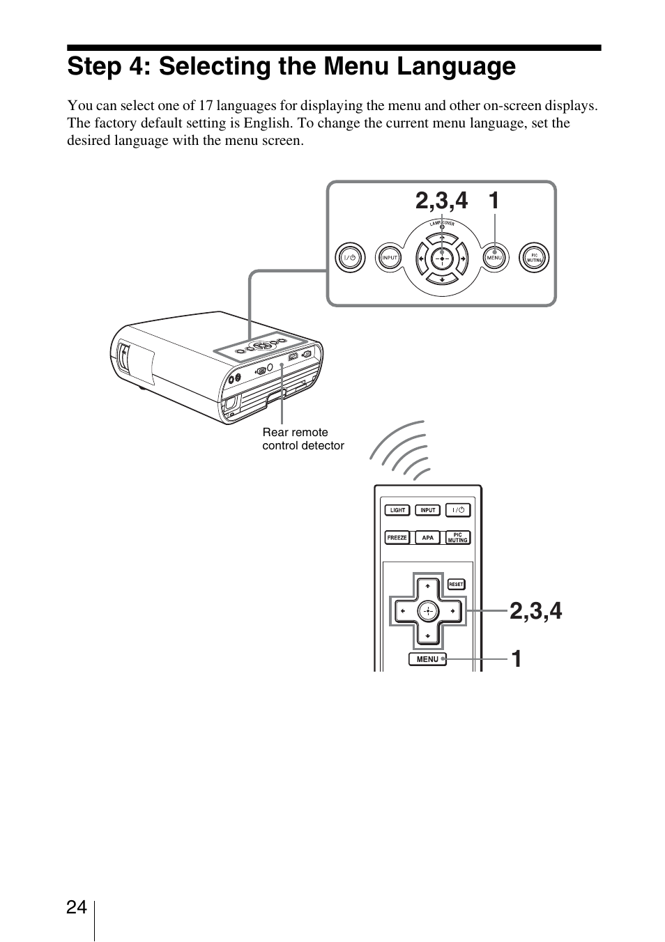 Step 4: selecting the menu language, Step 4: selecting the menu, Language | Sony VPL-BW5 User Manual | Page 24 / 64