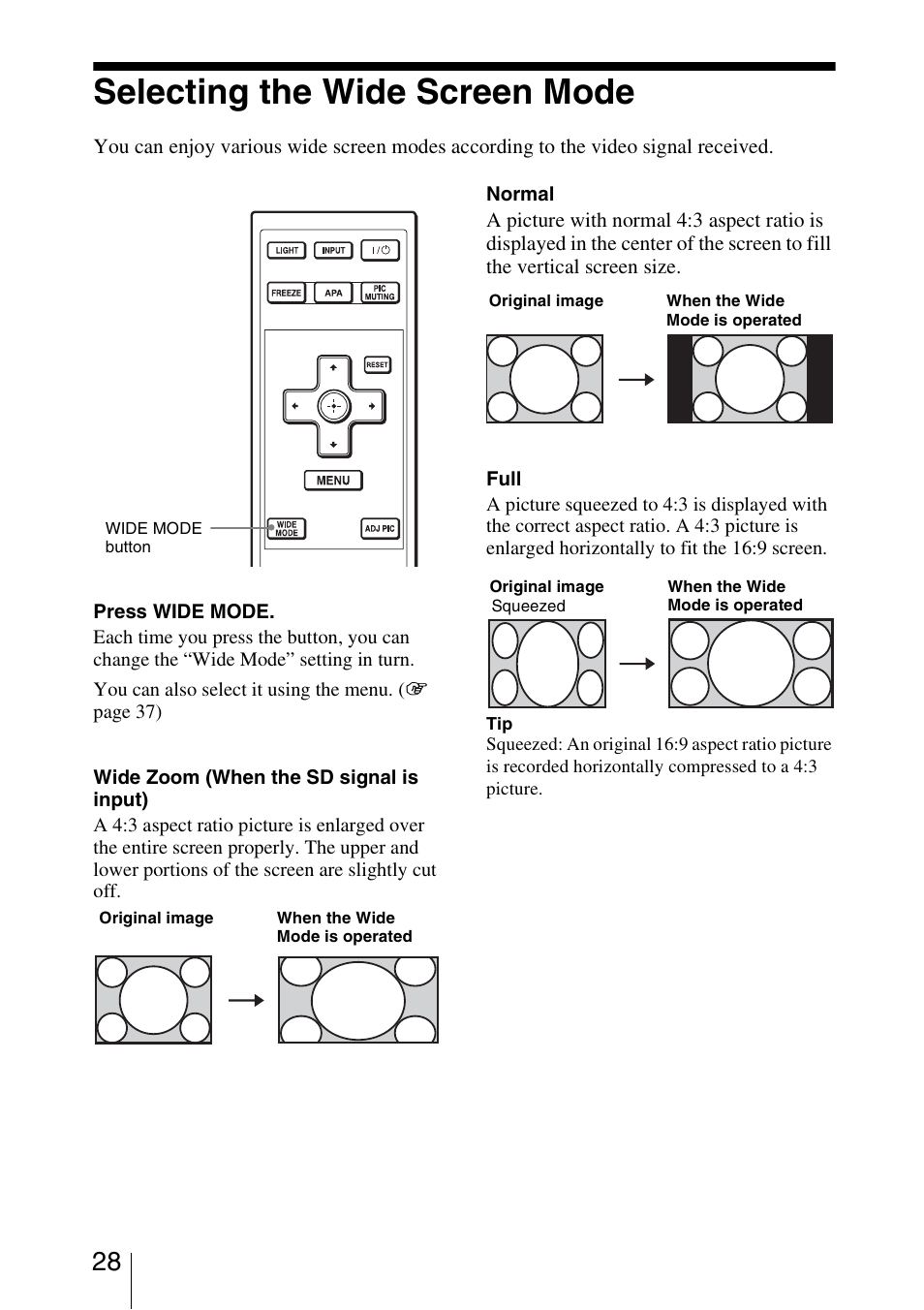 Selecting the wide screen mode | Sony VPL-BW5 User Manual | Page 28 / 64