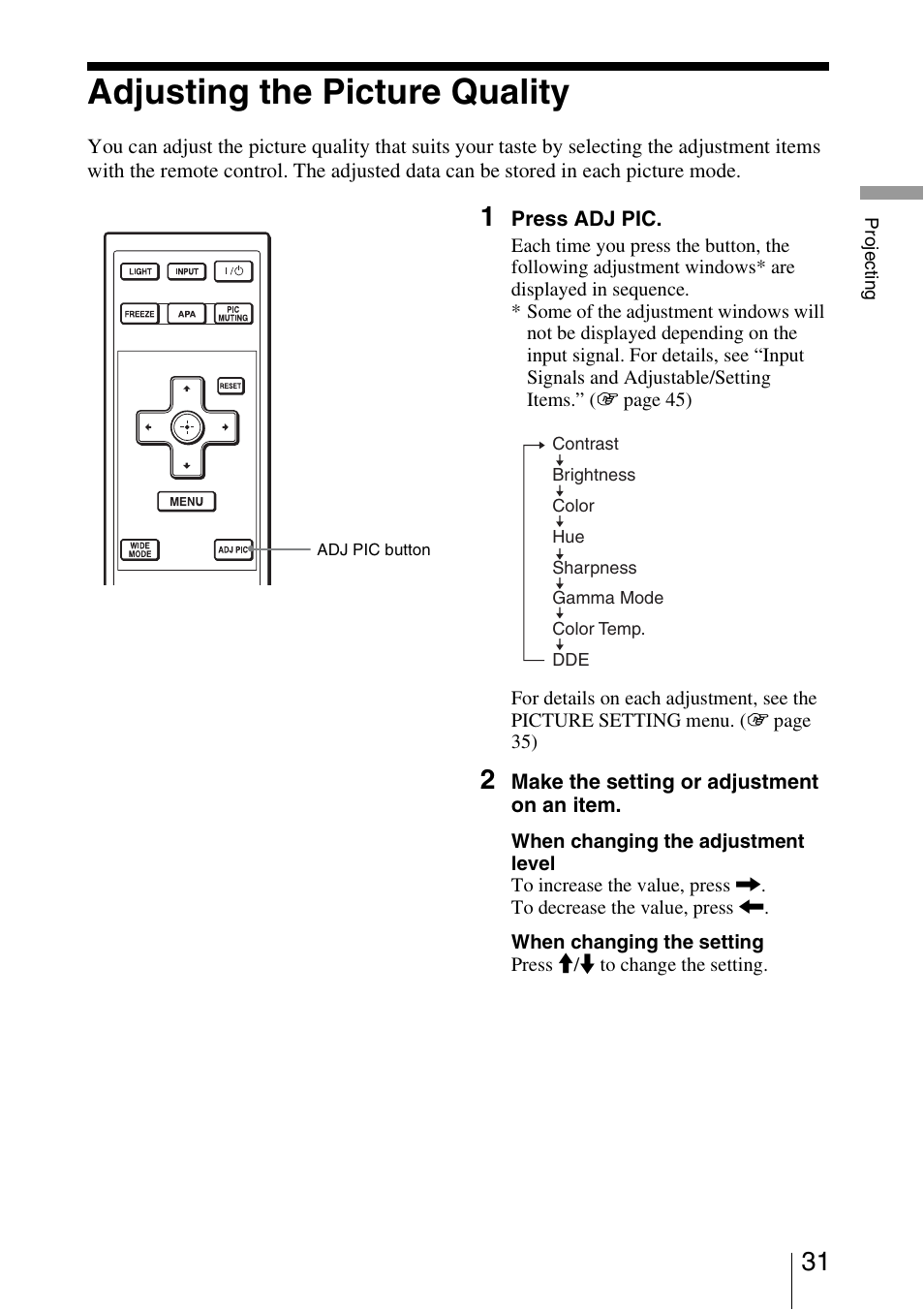 Adjusting the picture quality | Sony VPL-BW5 User Manual | Page 31 / 64