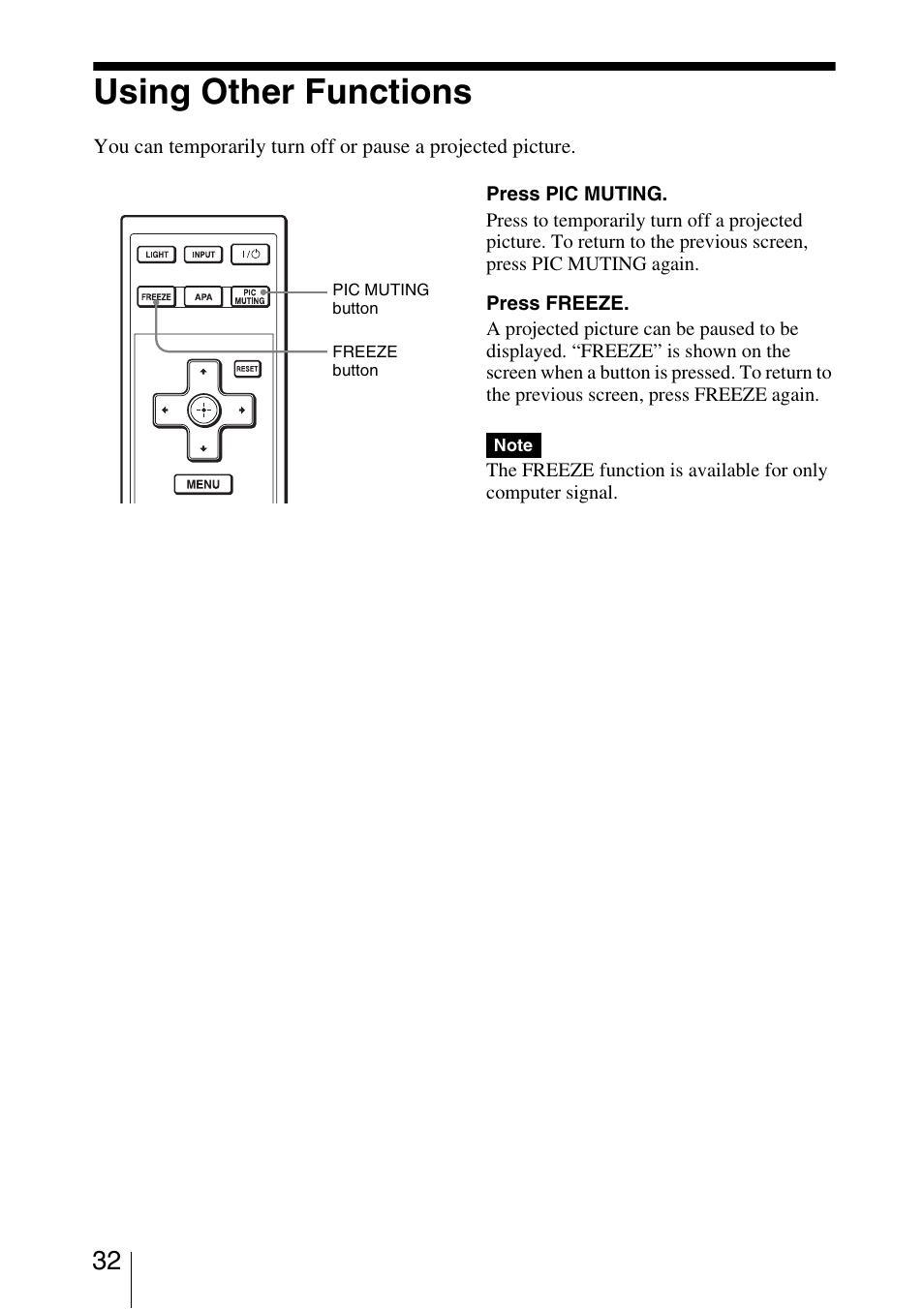 Using other functions | Sony VPL-BW5 User Manual | Page 32 / 64