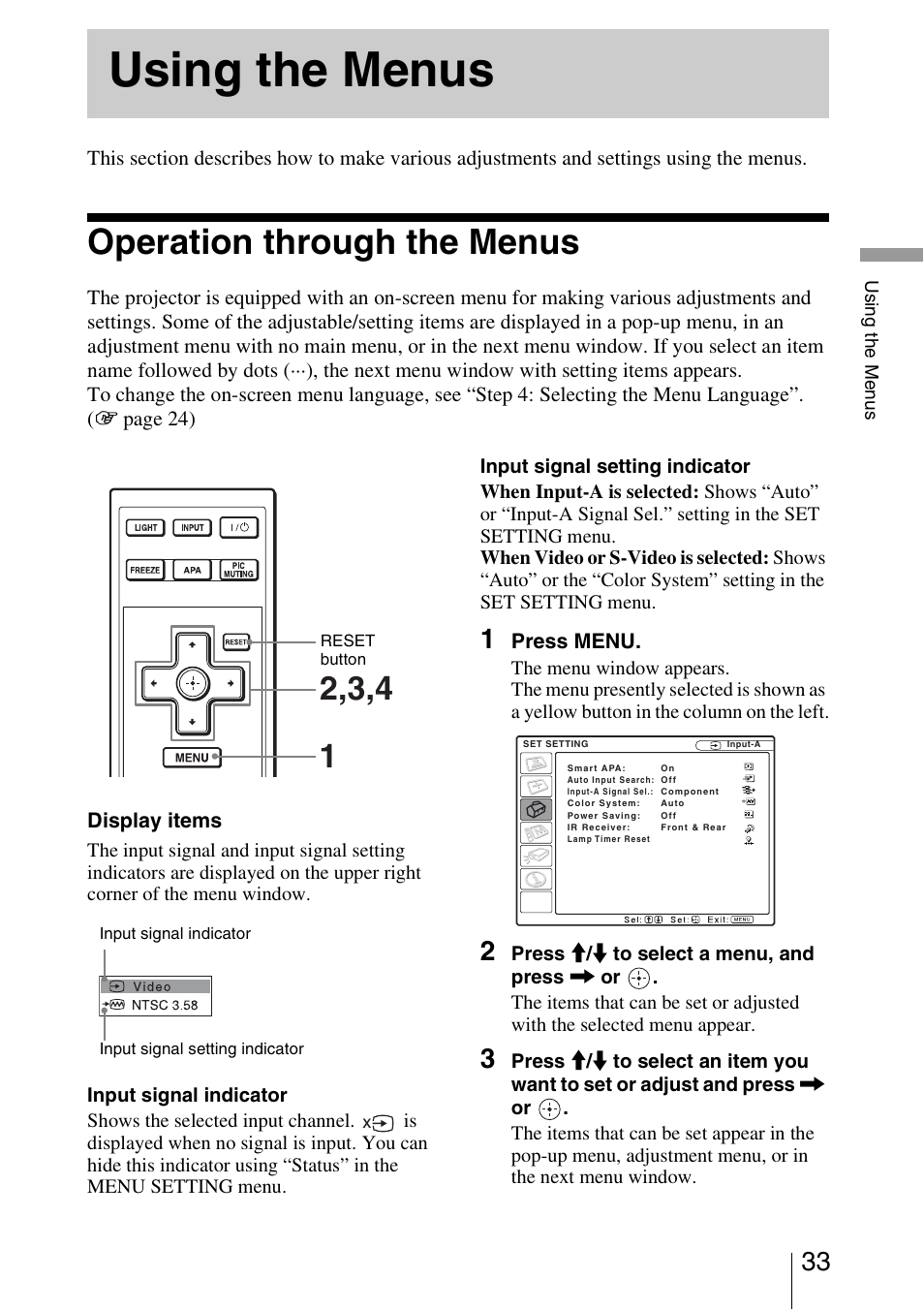 Using the menus, Operation through the menus | Sony VPL-BW5 User Manual | Page 33 / 64