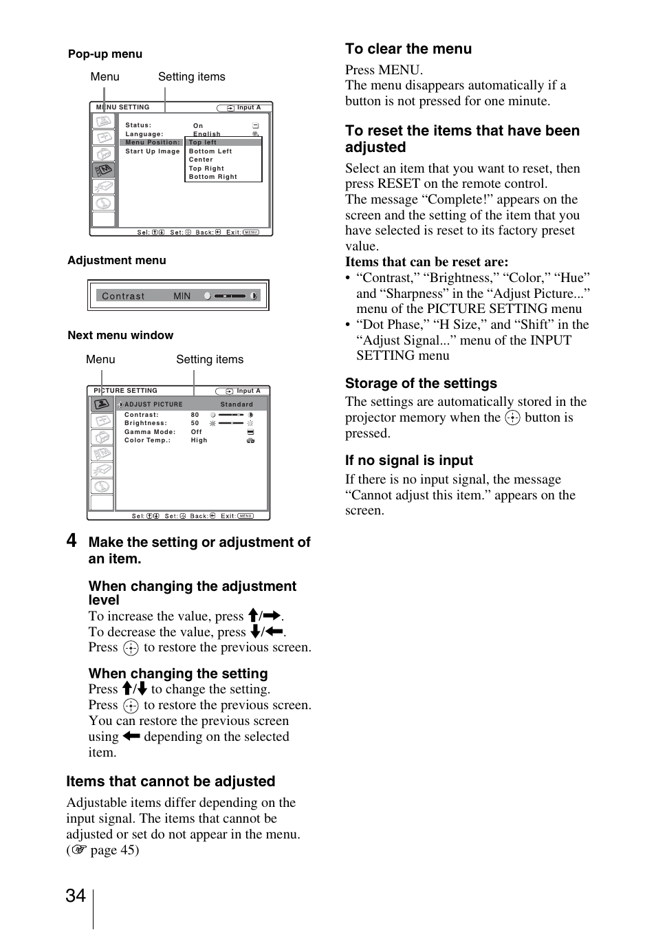 Items that cannot be adjusted | Sony VPL-BW5 User Manual | Page 34 / 64