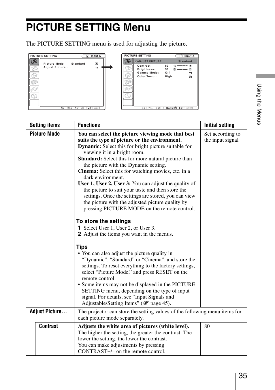 Picture setting menu | Sony VPL-BW5 User Manual | Page 35 / 64