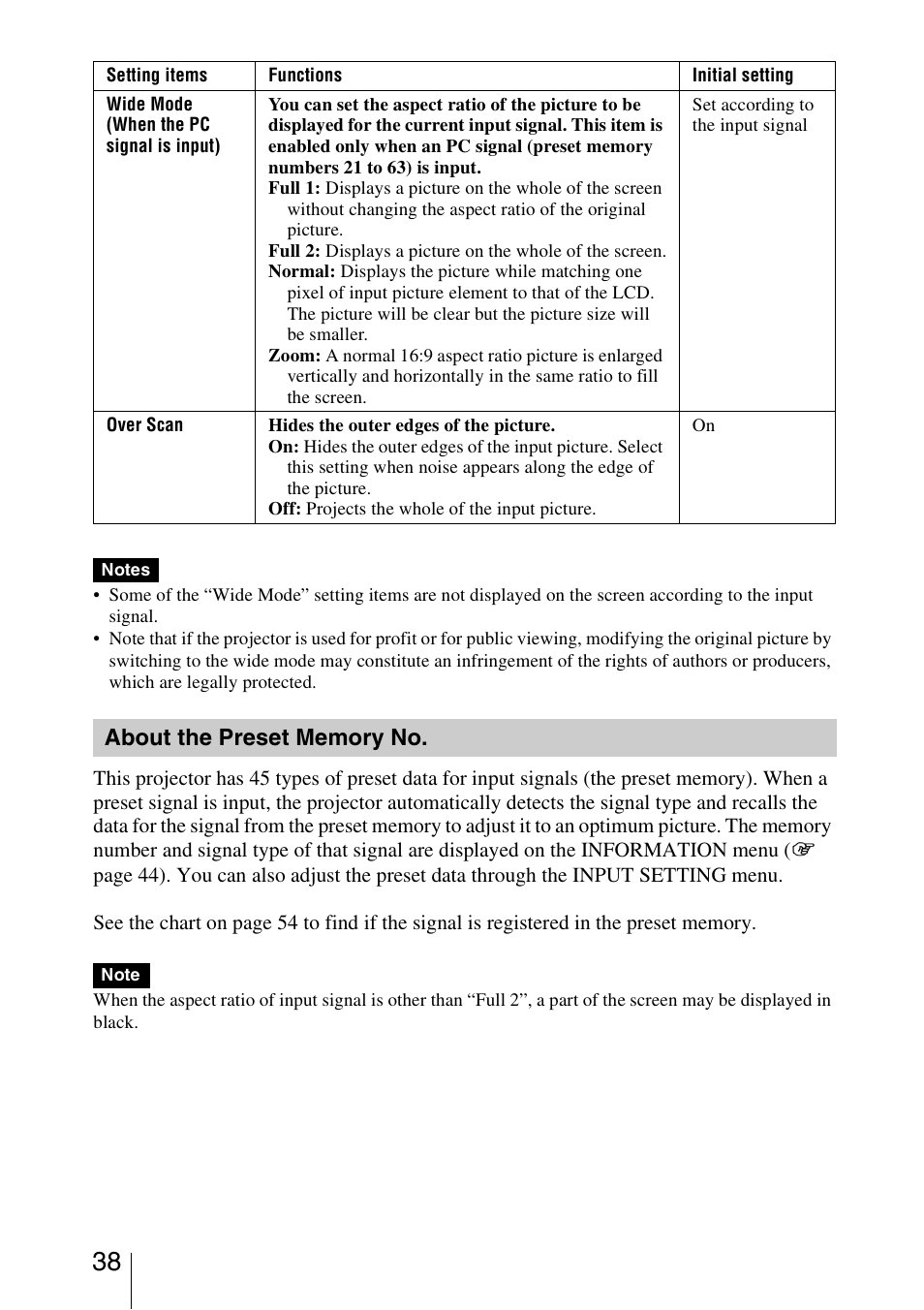 About the preset memory no | Sony VPL-BW5 User Manual | Page 38 / 64