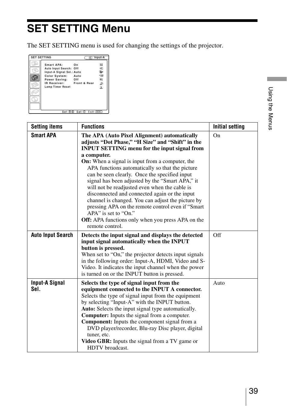 Set setting menu | Sony VPL-BW5 User Manual | Page 39 / 64